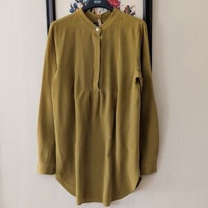 Elegant Olive Green Long Sleeve Silk Tunic Blouse